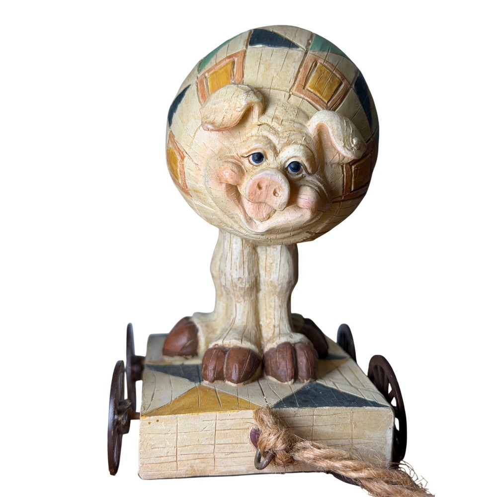 Vintage bobble‎ Resin Pig in Hot Air Balloon Pull Toy Figurine Folk Art Decor
